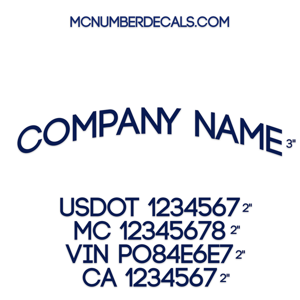 Arched Business Name Decal + 4 Regulation Numbers or Location (USDOT), 2 Pack