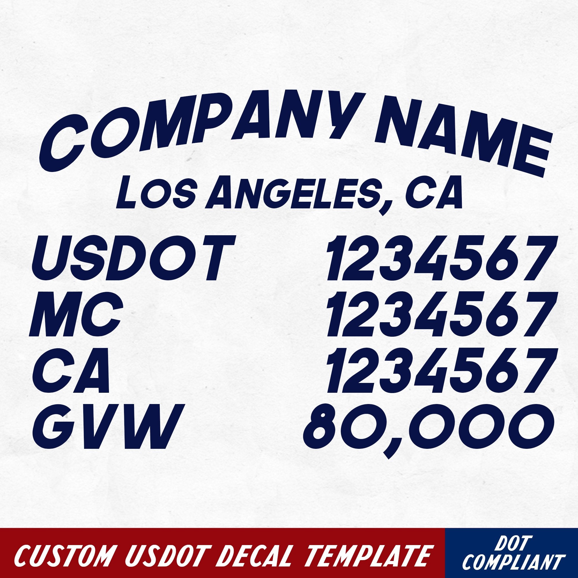 arched company name, location, usdot, mc, ca & gvw decal sticker