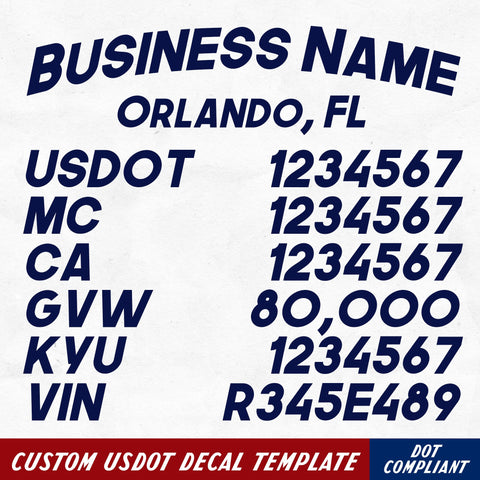 company name, location, usdot, mc, ca, gvw, kyu & vin decal sticker