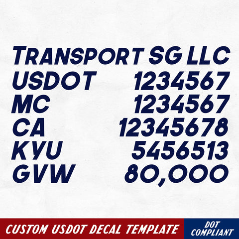 company name with usdot, mc, ca, ky, gvw decal sticker